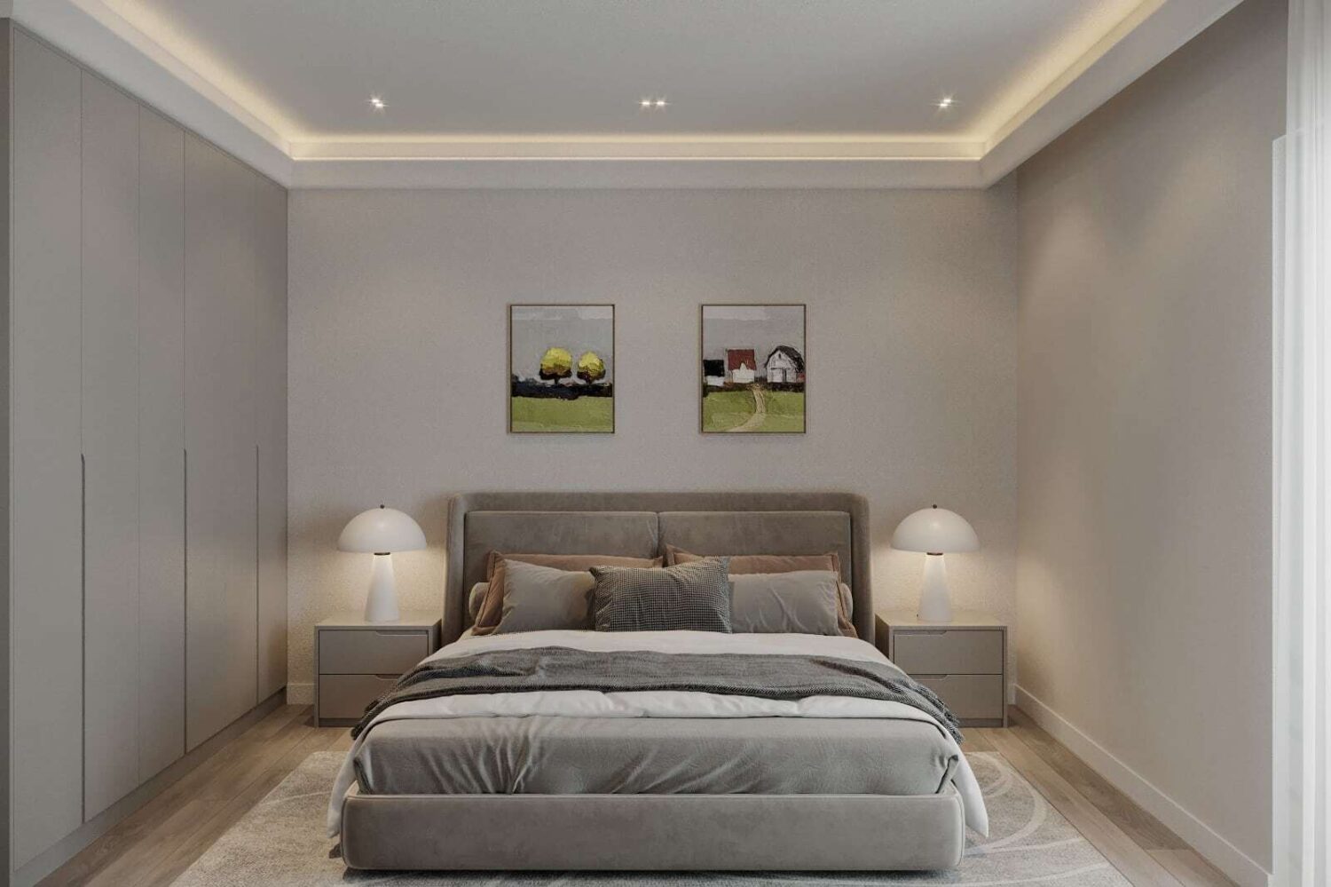 Modernes Schlafzimmer mit gepolstertem Doppelbett, integrierter Beleuchtung, Einbauschrank und Holzfußboden.