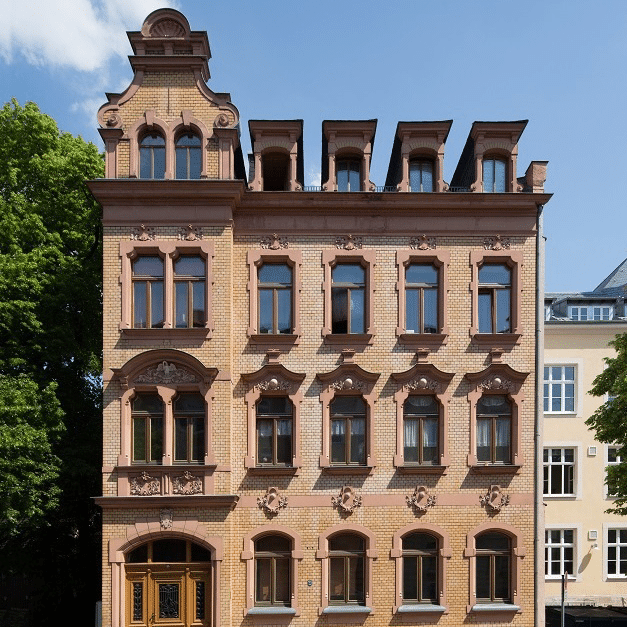 Viergeschossiges Wohn- und Geschäftshaus mit reich verzierter Sandsteinfassade, hohen Fenstern und ausgebautem Dachgeschoss mit Gauben.