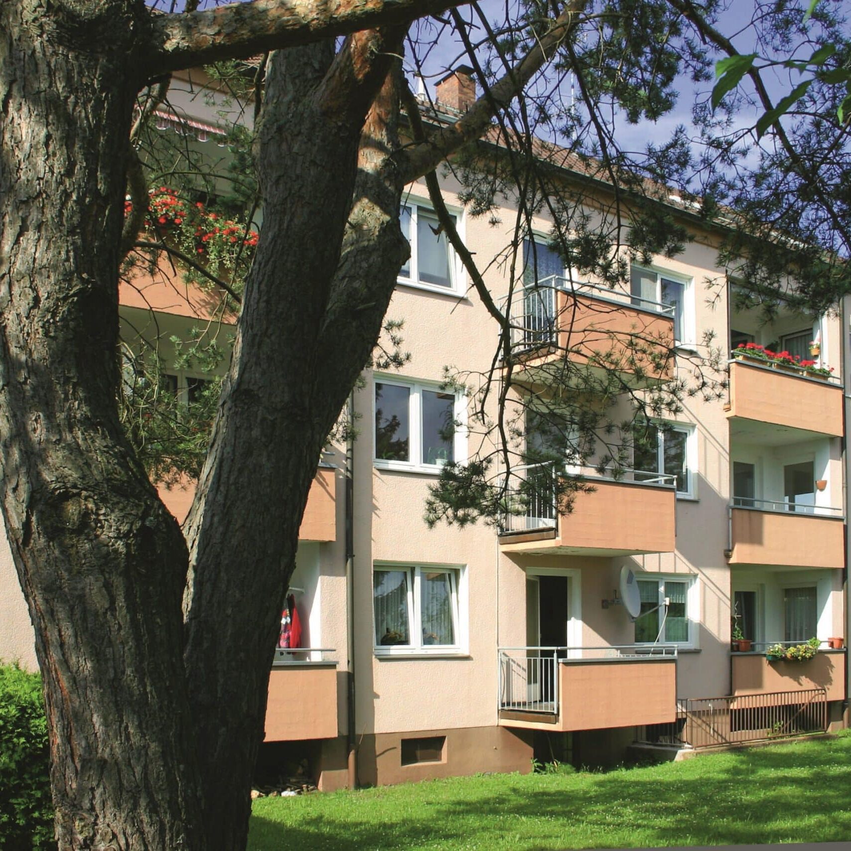 Dreigeschossiges Mehrfamilienhaus mit Erker, Balkonen und hellgelber Fassade, teils von Baumstämmen verdeckt.