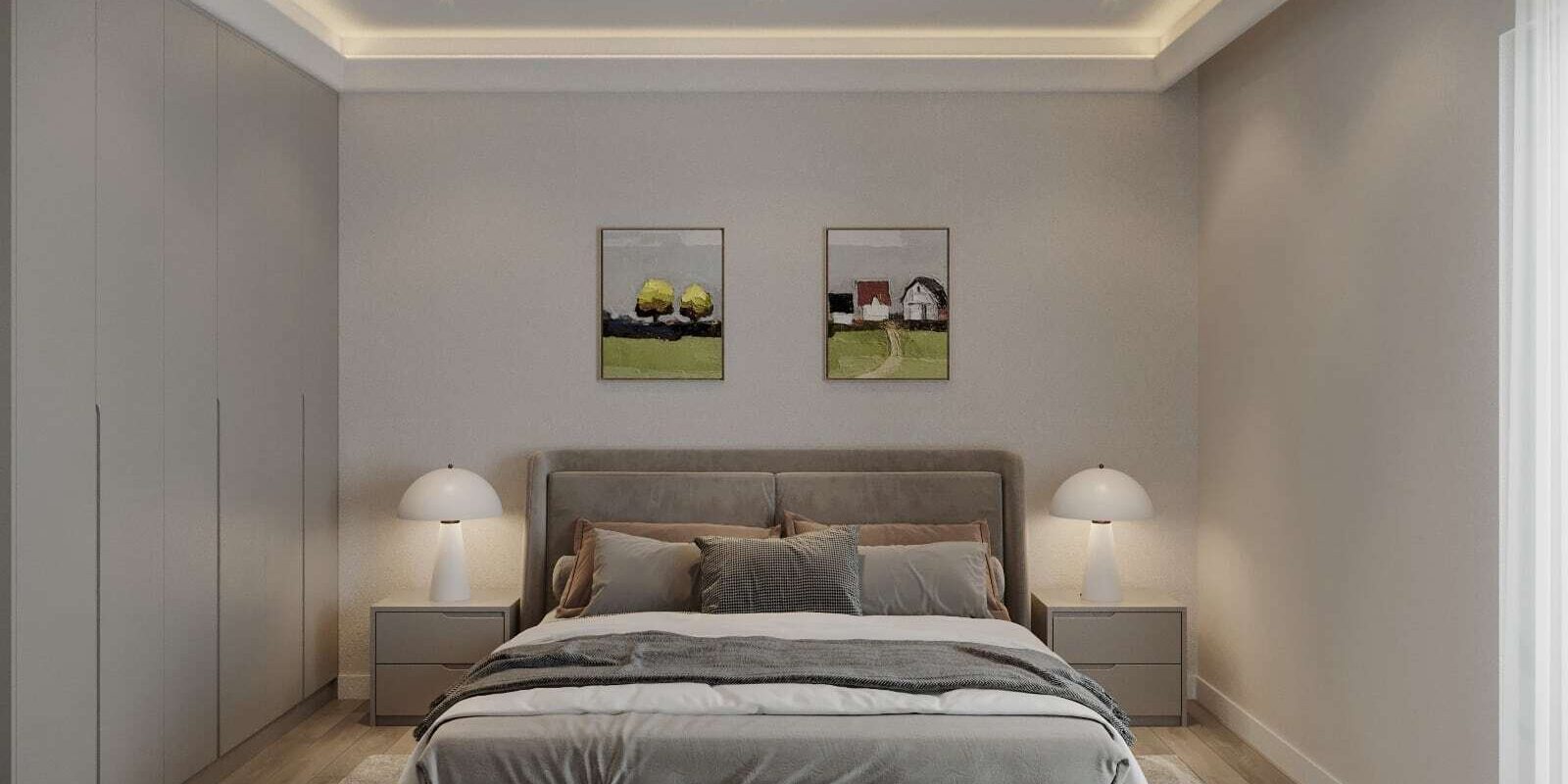 Modernes Schlafzimmer mit gepolstertem Doppelbett, integrierter Beleuchtung, Einbauschrank und Holzfußboden.