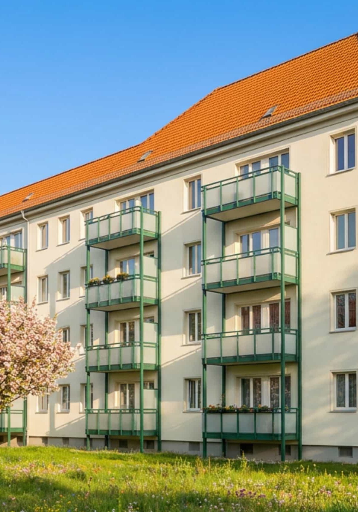 Viergeschossiges Wohnhaus mit hellem Putz, roten Ziegelsatteldach, mehreren verglasten Wintergarten-Balkonen mit grünen Elementen, davor eine große Rasenfläche mit blühenden Gänseblümchen und vereinzelten Bäumen, blauer Himmel mit lockeren Wolken im Hintergrund.